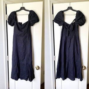 Reformation Dress Denver Linen Slit Tie-Back Midi Wedding Summer Black 6 GUC